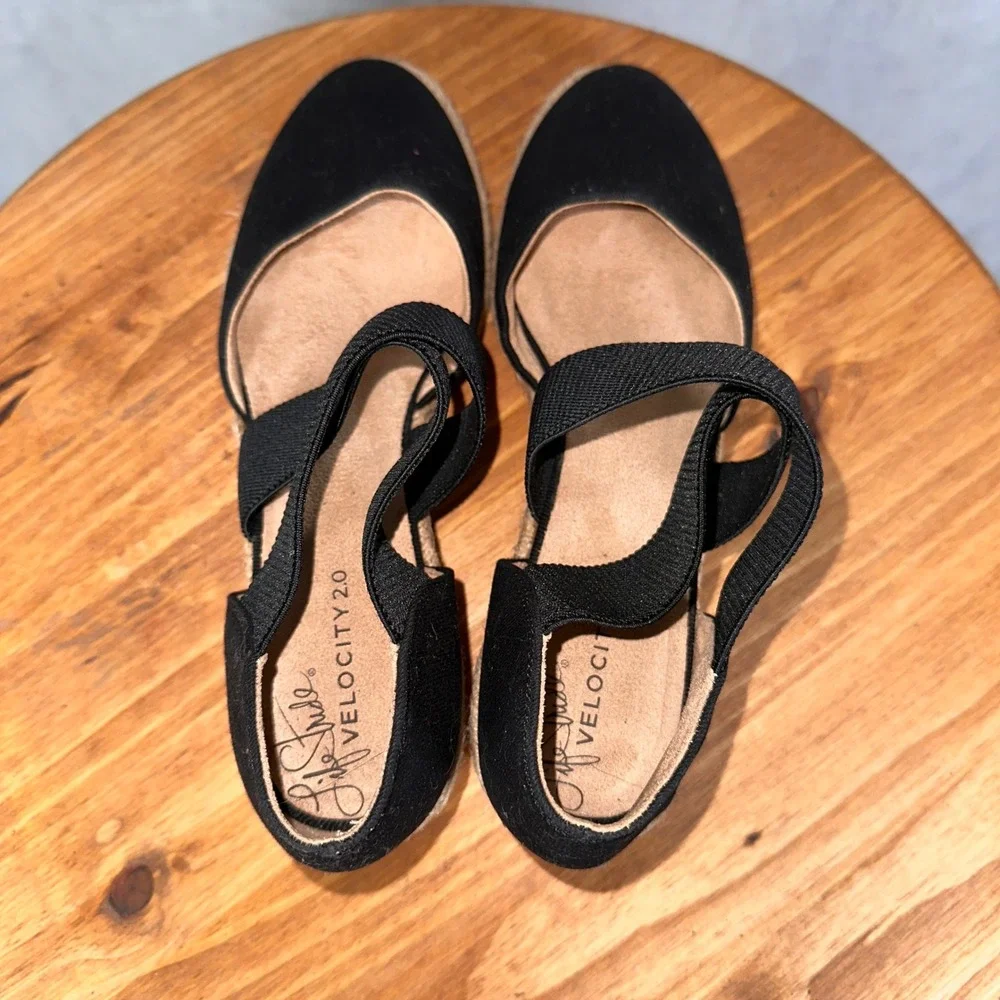 LifeStride Keaton Wedge Espadrilles Women 8.5M Black Good Crisscross Straps